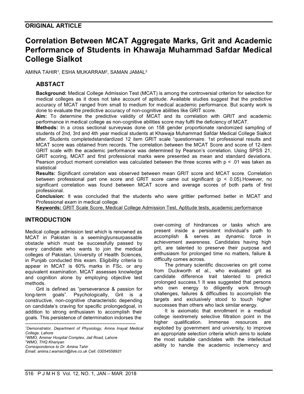 Correlation Between MCAT Aggregate Marks, Grit and Academic Performance of Students in Khawaja Muhammad Safdar Medical College Sialkot