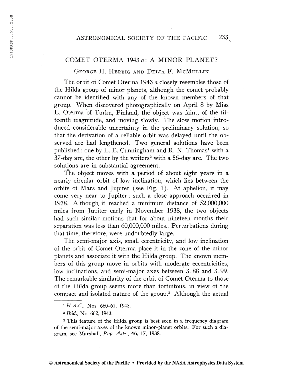 ASTRONOMICAL SOCIETY of the PACIFIC 233 V. COMET OTERMA 1943 A: a MINOR PLANET?