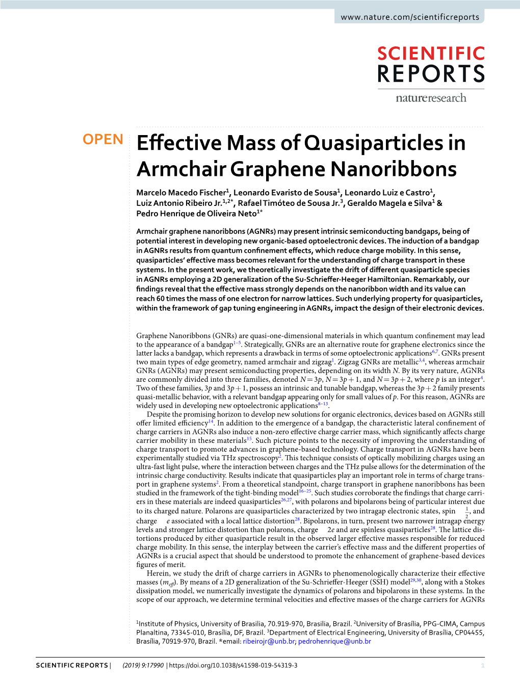 Effective Mass of Quasiparticles in Armchair Graphene Nanoribbons