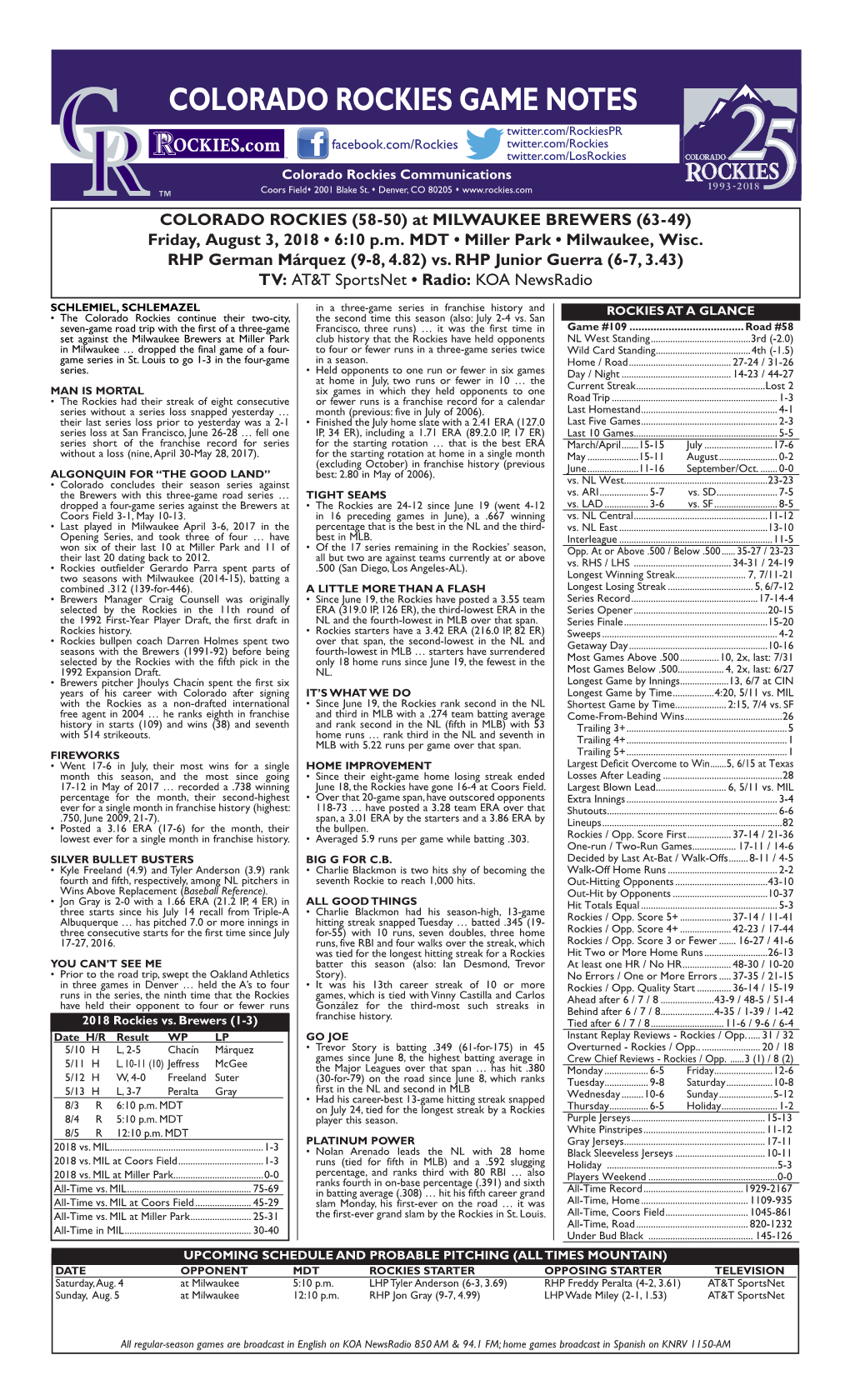 Colorado Rockies Game Notes