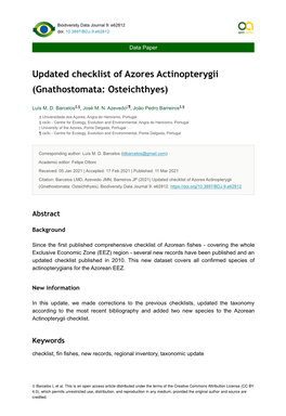 Updated Checklist of Azores Actinopterygii (Gnathostomata: Osteichthyes)