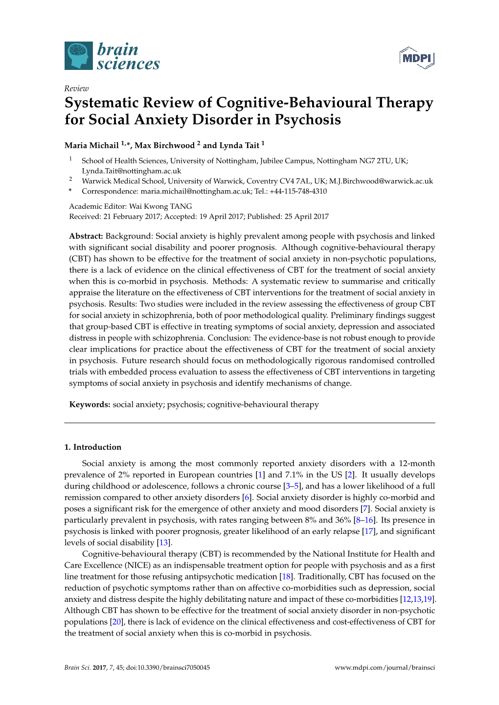 Systematic Review of Cognitive-Behavioural Therapy for Social Anxiety Disorder in Psychosis