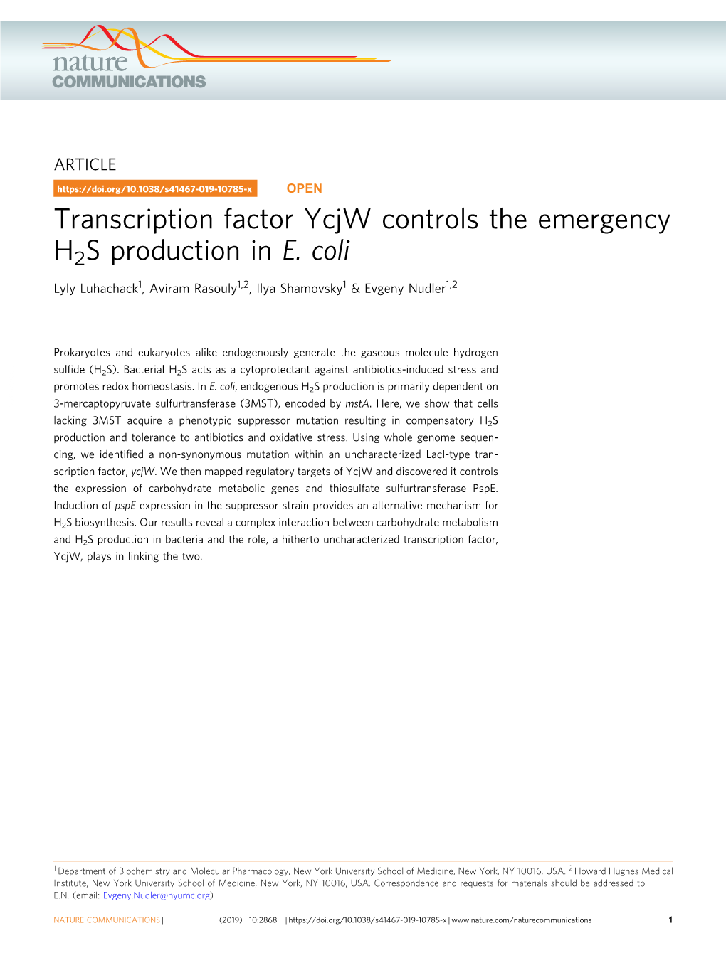 Transcription Factor Ycjw Controls the Emergency H2S Production in E. Coli