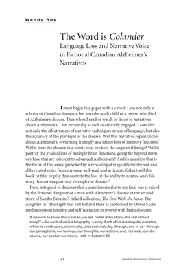 The Word Is Colander Language Loss and Narrative Voice in Fictional Canadian Alzheimer’S Narratives