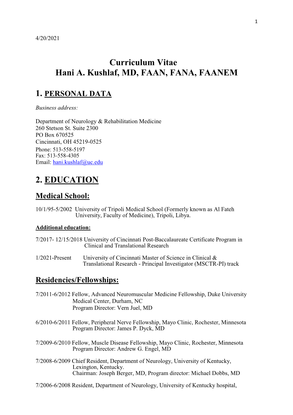 Curriculum Vitae Hani A. Kushlaf, MD, FAAN, FANA, FAANEM 2