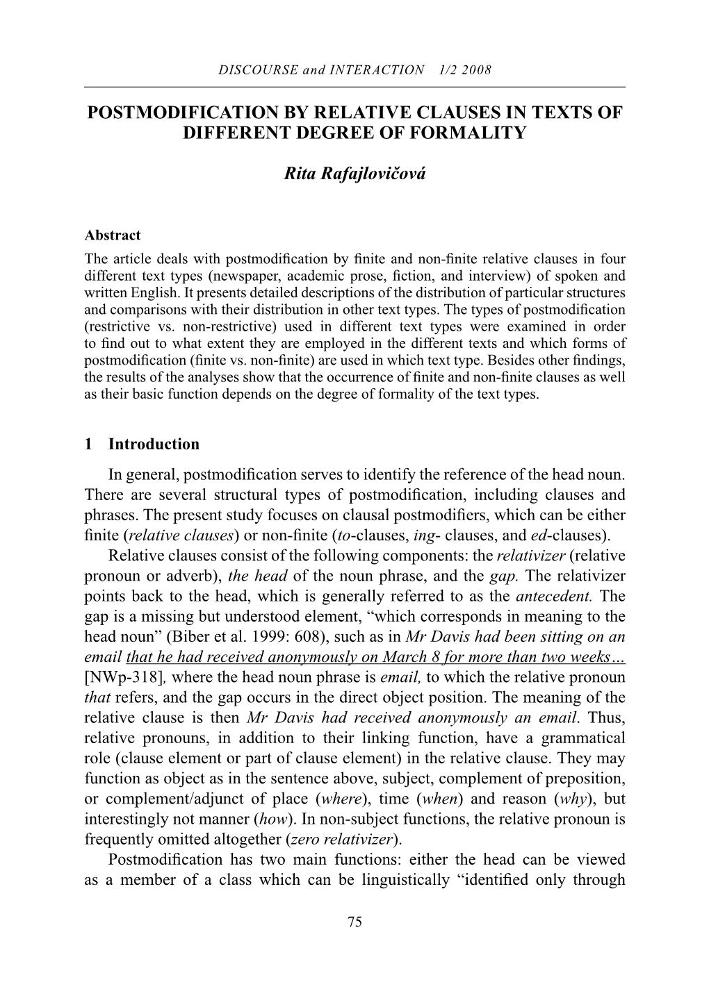 Postmodification by Relative Clauses in Texts of Different Degree of Formality