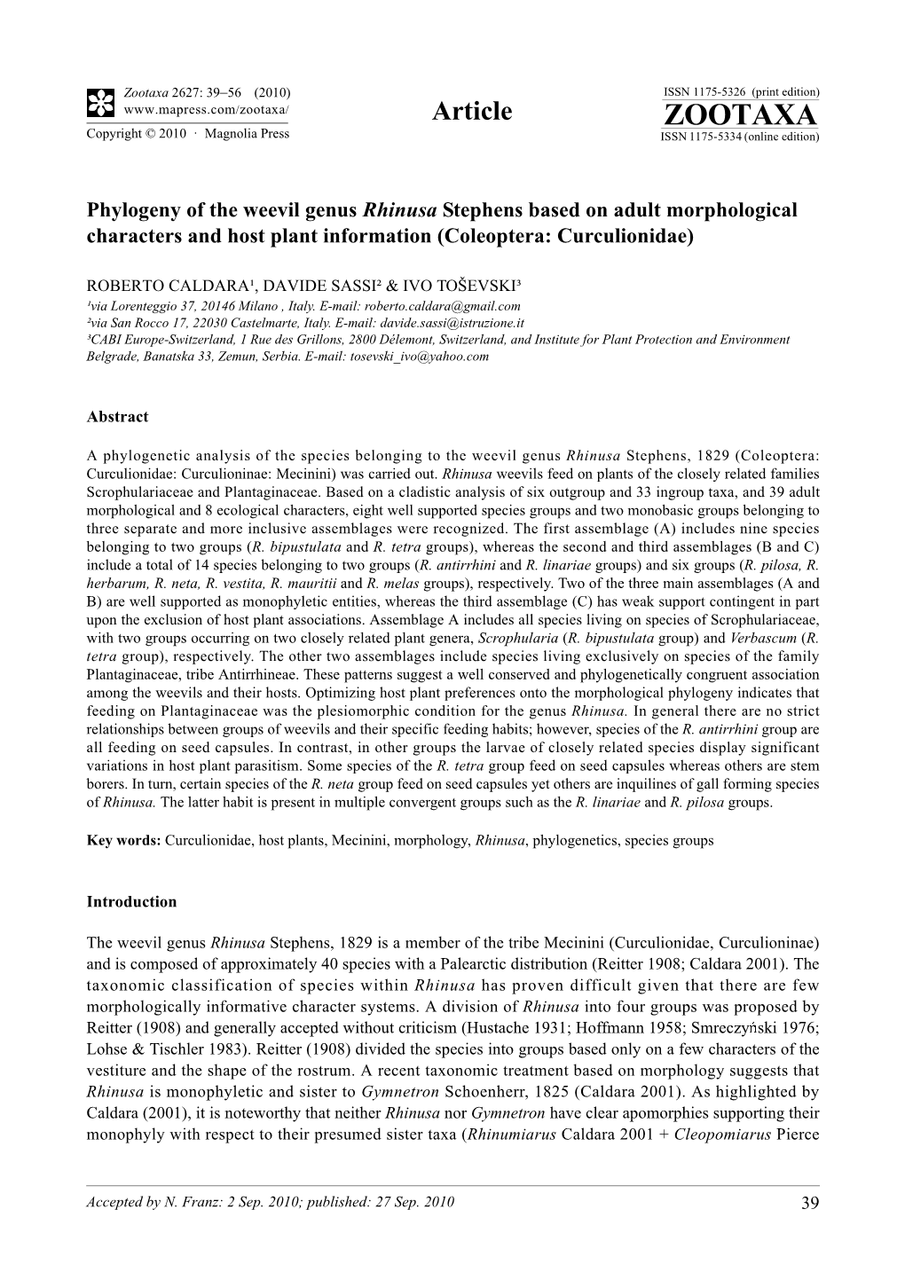 Zootaxa, Phylogeny of the Weevil Genus Rhinusa Stephens Based On