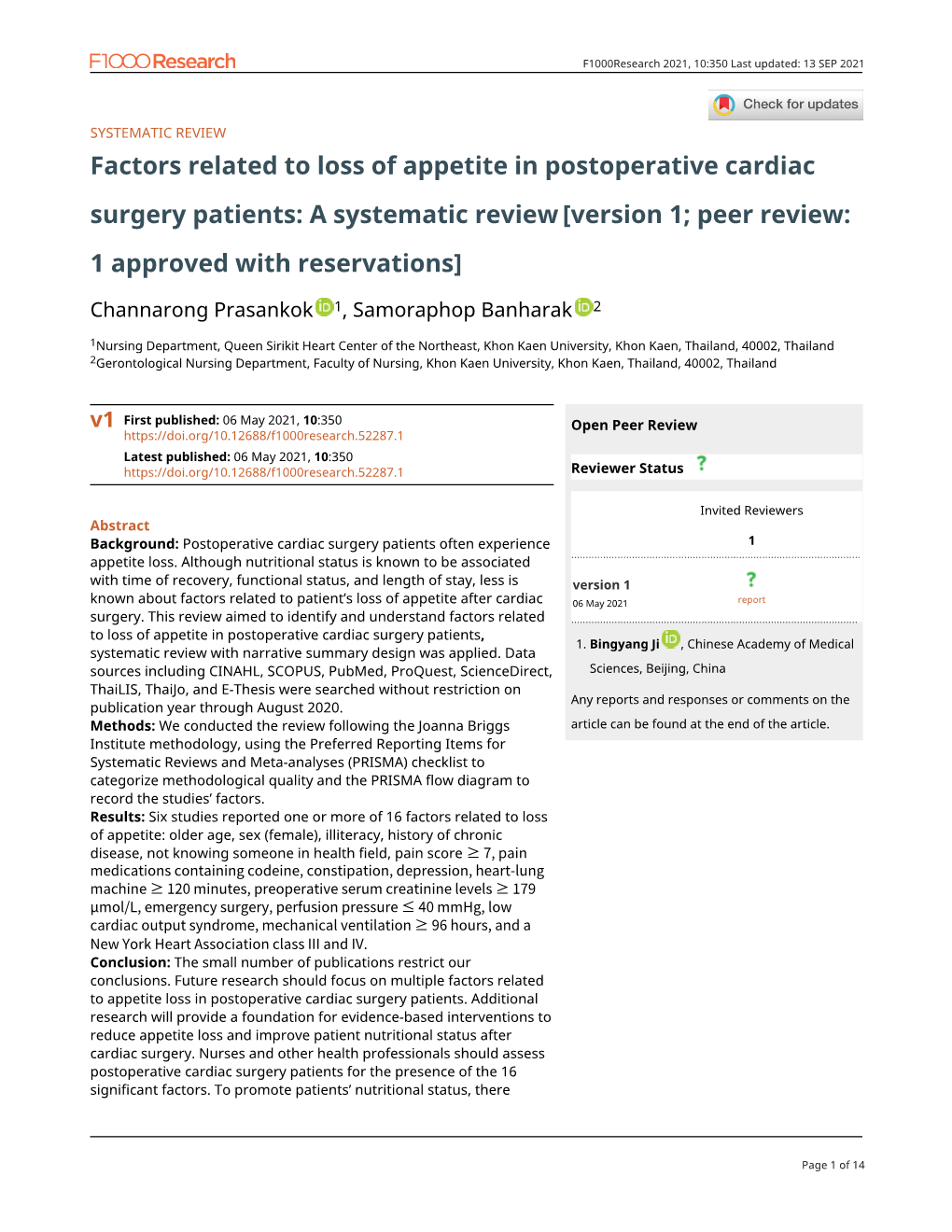 Factors Related to Loss of Appetite in Postoperative Cardiac Surgery Patients: a Systematic Review [Version 1; Peer Review: 1 Approved with Reservations]