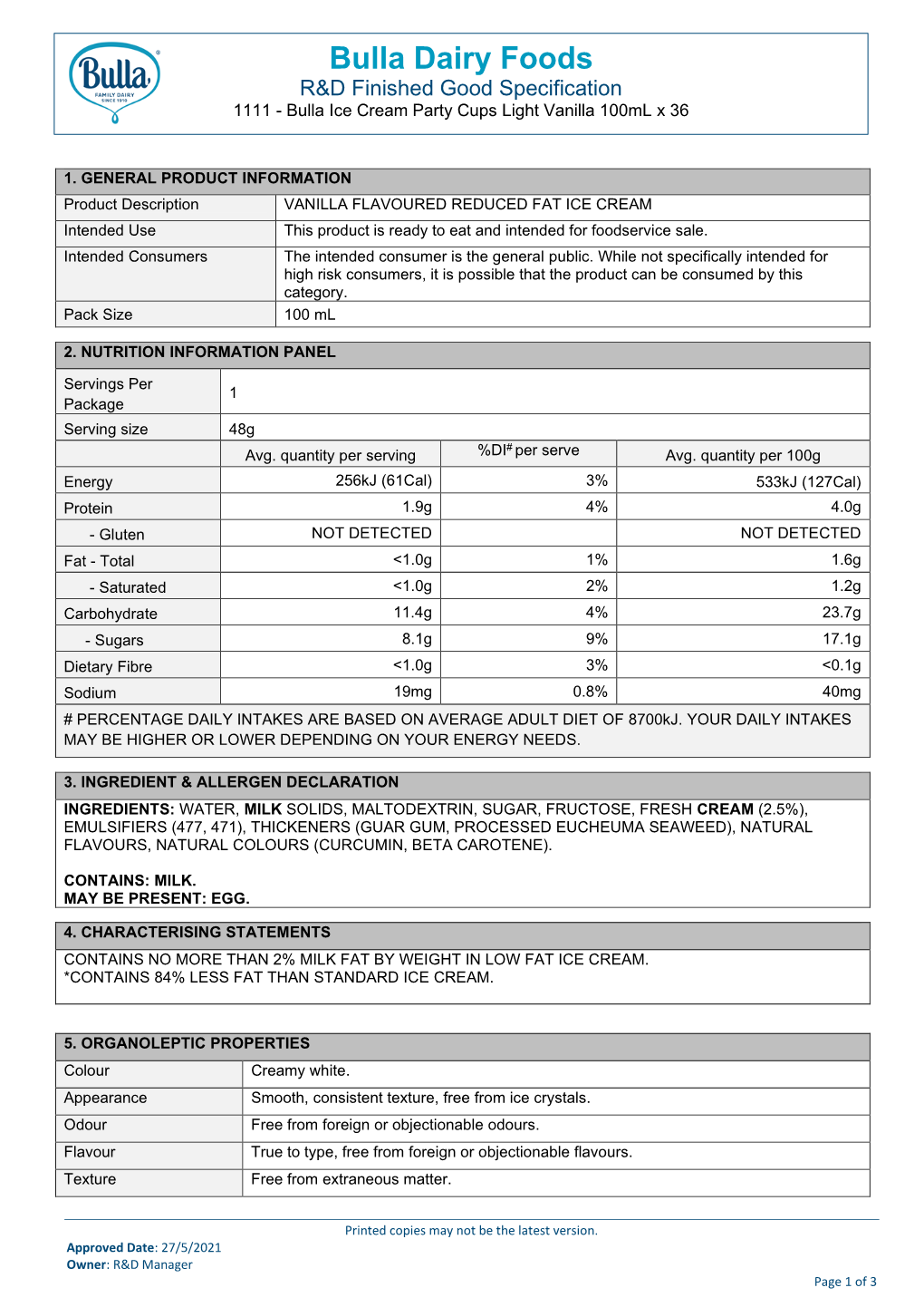 Bulla Dairy Foods R&D Finished Good Specification 1111 - Bulla Ice Cream Party Cups Light Vanilla 100Ml X 36