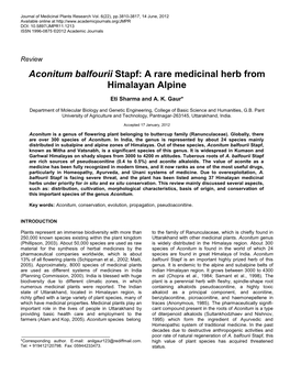 Aconitum Balfourii Stapf: a Rare Medicinal Herb from Himalayan Alpine