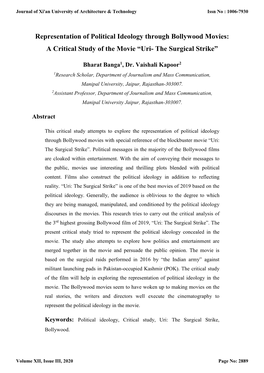 Representation of Political Ideology Through Bollywood Movies: a Critical Study of the Movie “Uri- the Surgical Strike”