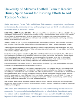 University of Alabama Football Team to Receive Disney Spirit Award for Inspiring Efforts to Aid Tornado Victims