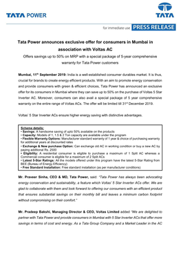 Tata Power Announces Exclusive Offer for Consumers in Mumbai In