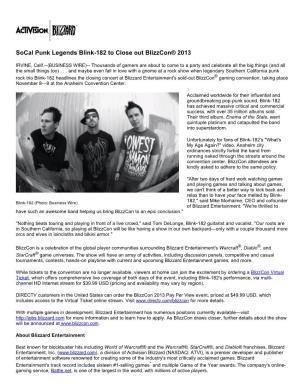 Socal Punk Legends Blink-182 to Close out Blizzcon® 2013