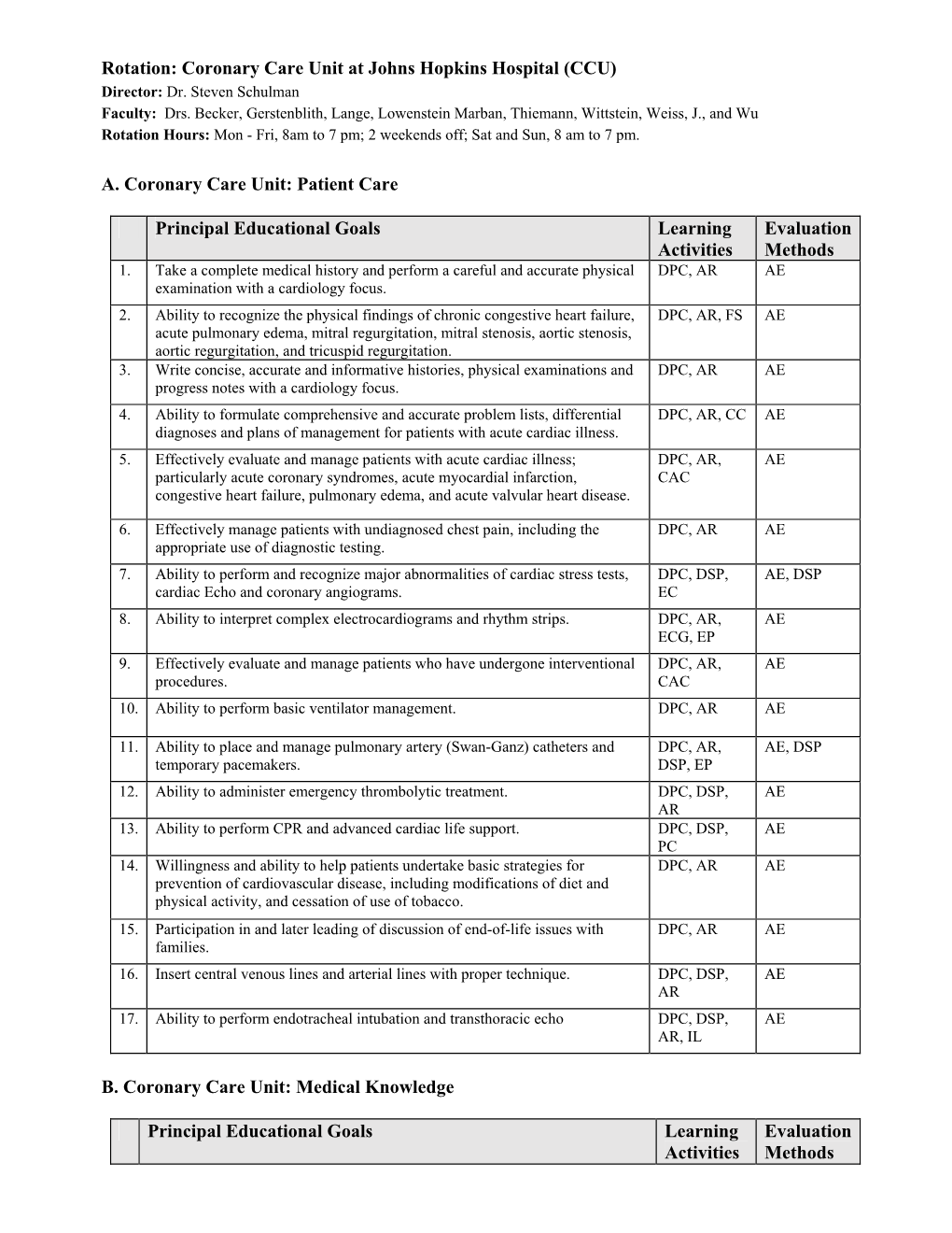 (CCU) A. Coronary Care Unit