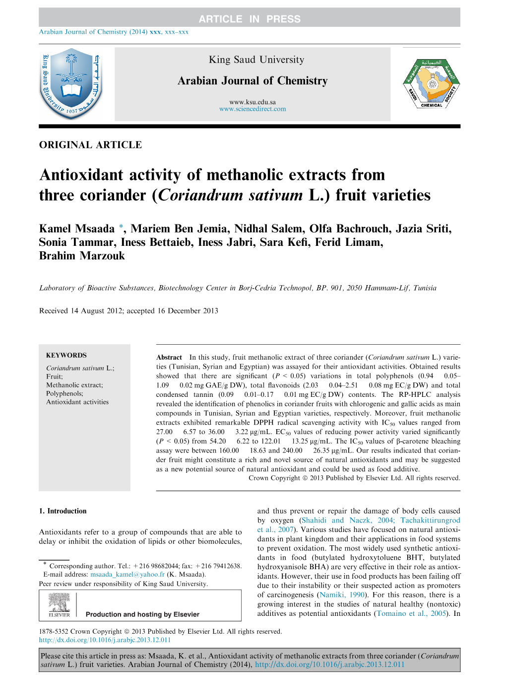 Antioxidant Activity of Methanolic Extracts from Three Coriander (Coriandrum Sativum L.) Fruit Varieties