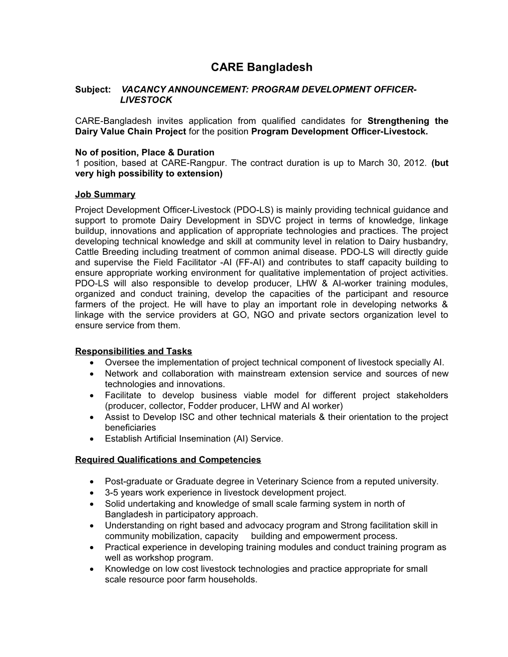 Subject: VACANCY ANNOUNCEMENT: Program Development Officer-Livestock