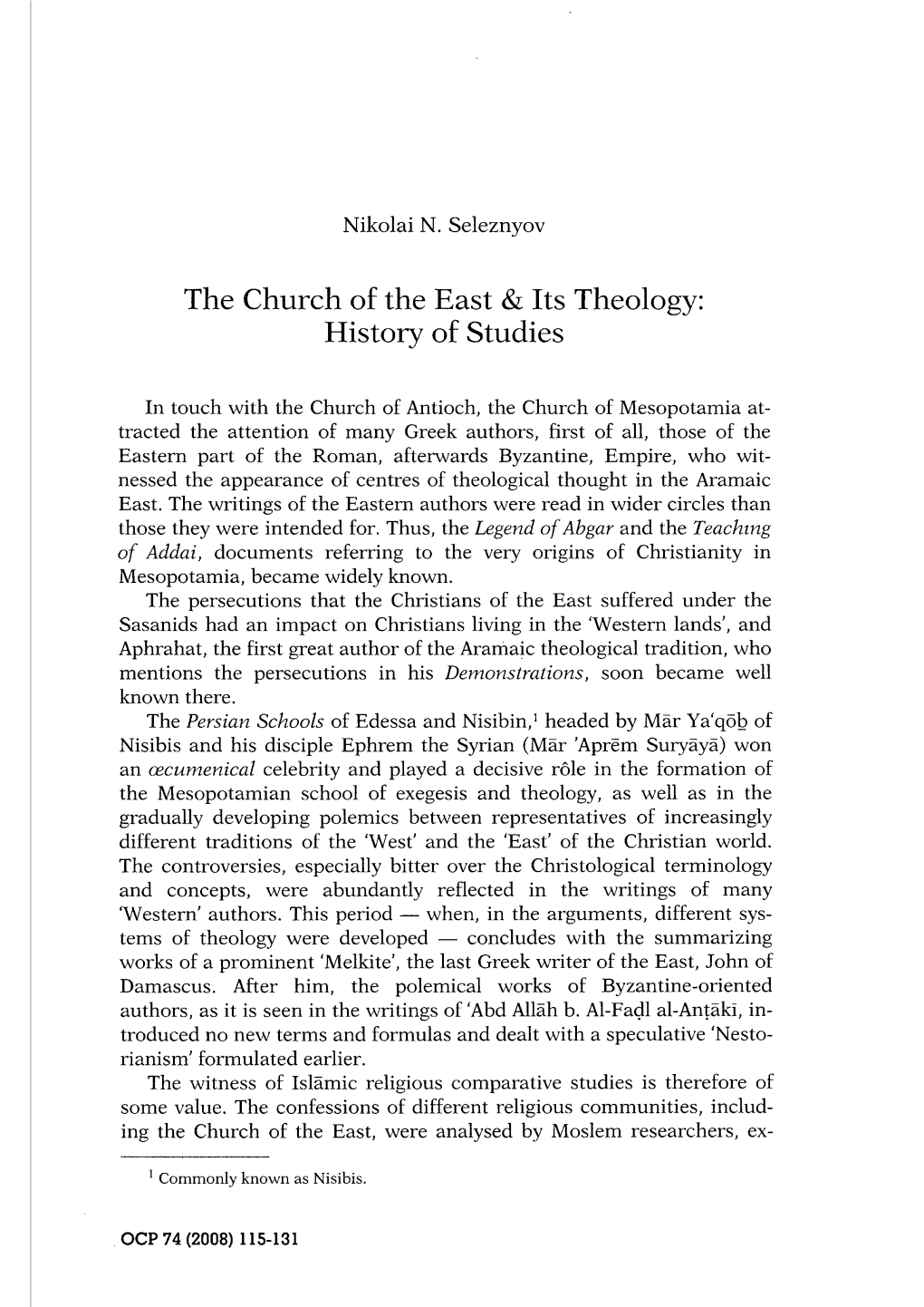 The Church of the East & Its Theology: History of Studies