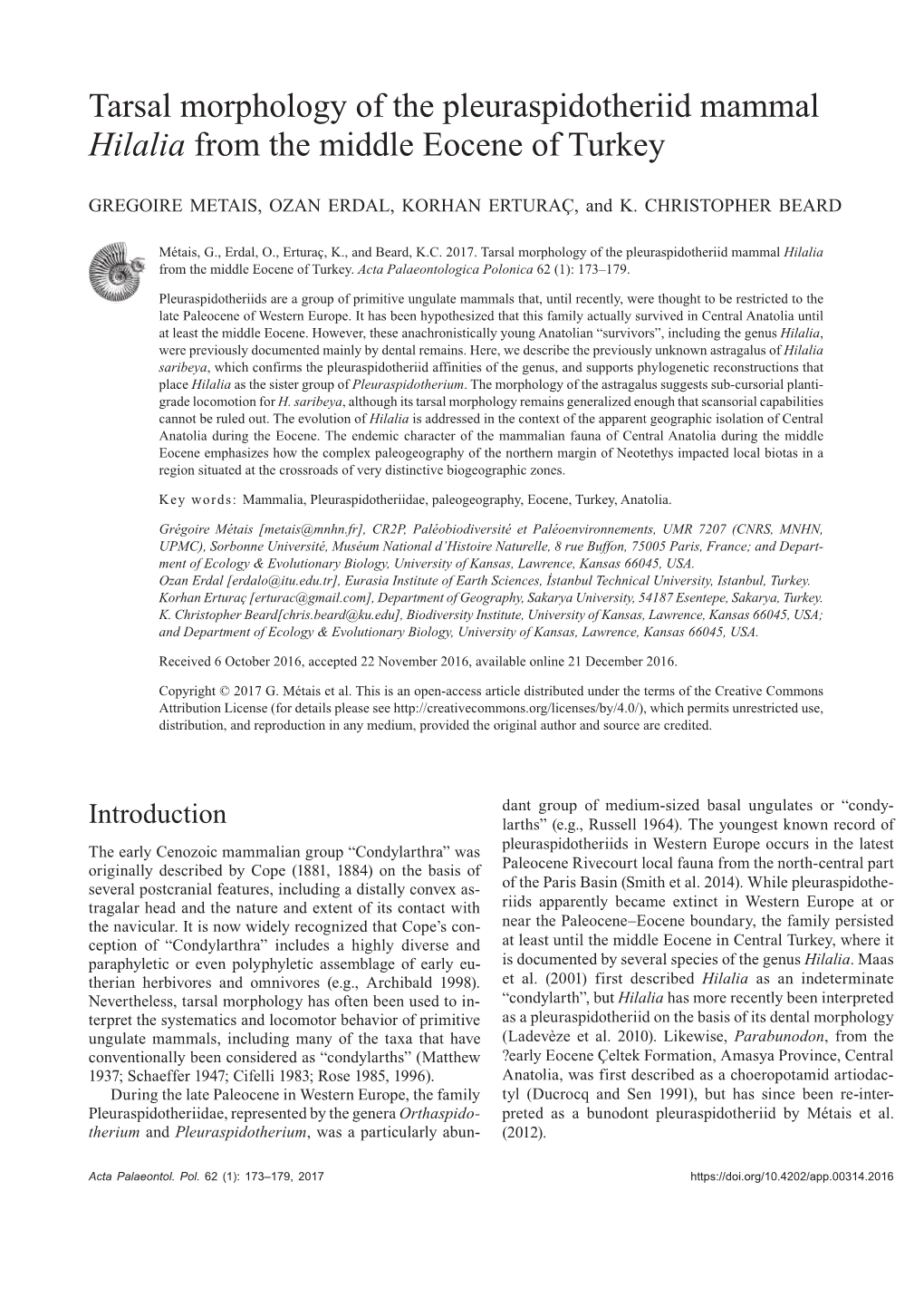 Tarsal Morphology of the Pleuraspidotheriid Mammal Hilalia from the Middle Eocene of Turkey