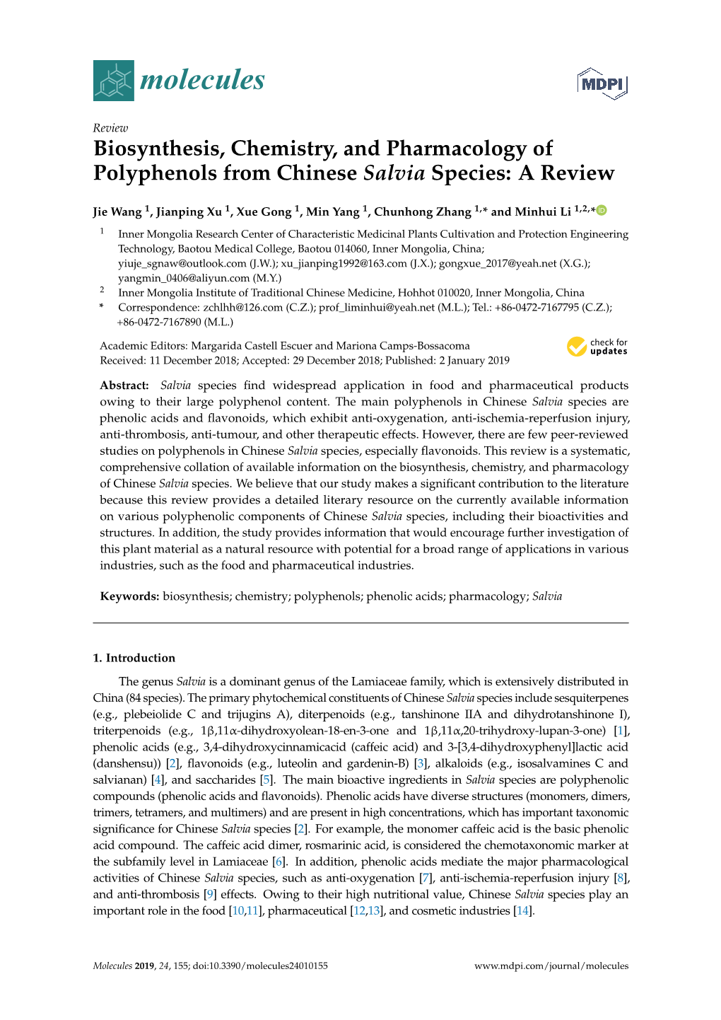 Biosynthesis, Chemistry, and Pharmacology of Polyphenols from Chinese Salvia Species: a Review