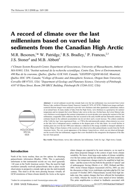 A Record of Climate Over the Last Millennium Based on Varved Lake Sediments from the Canadian High Arctic M.R
