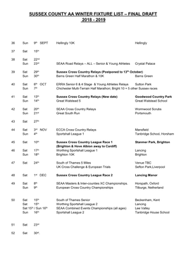 Sussex County Aa Winter Fixture List – Final Draft 2018 - 2019