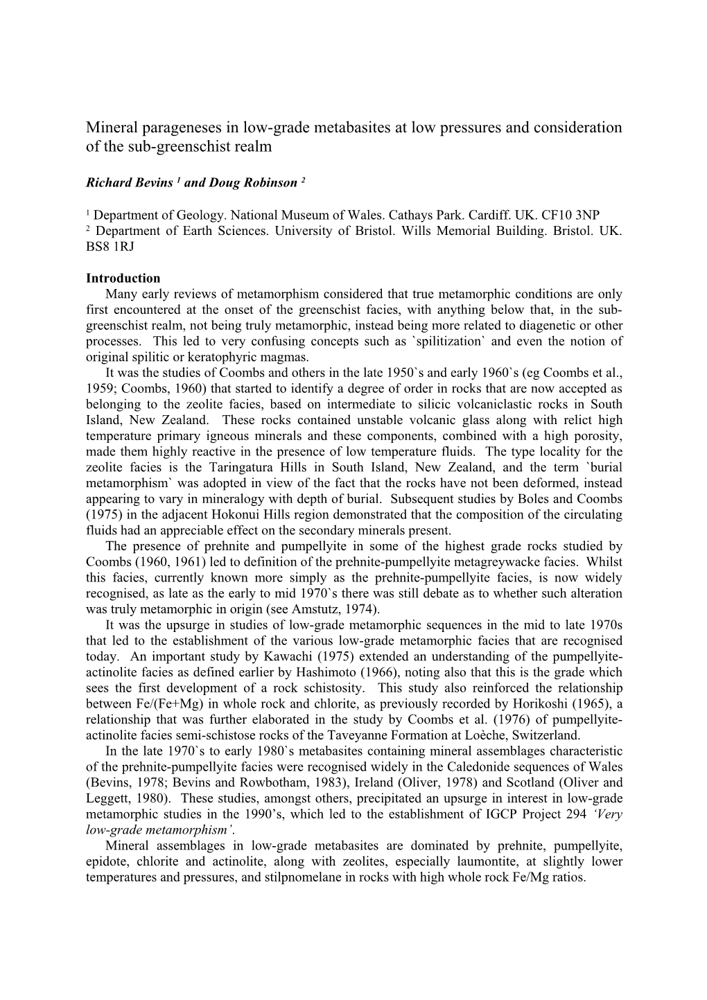 Mineral Parageneses in Low-Grade Metabasites at Low Pressures and Consideration of the Sub-Greenschist Realm