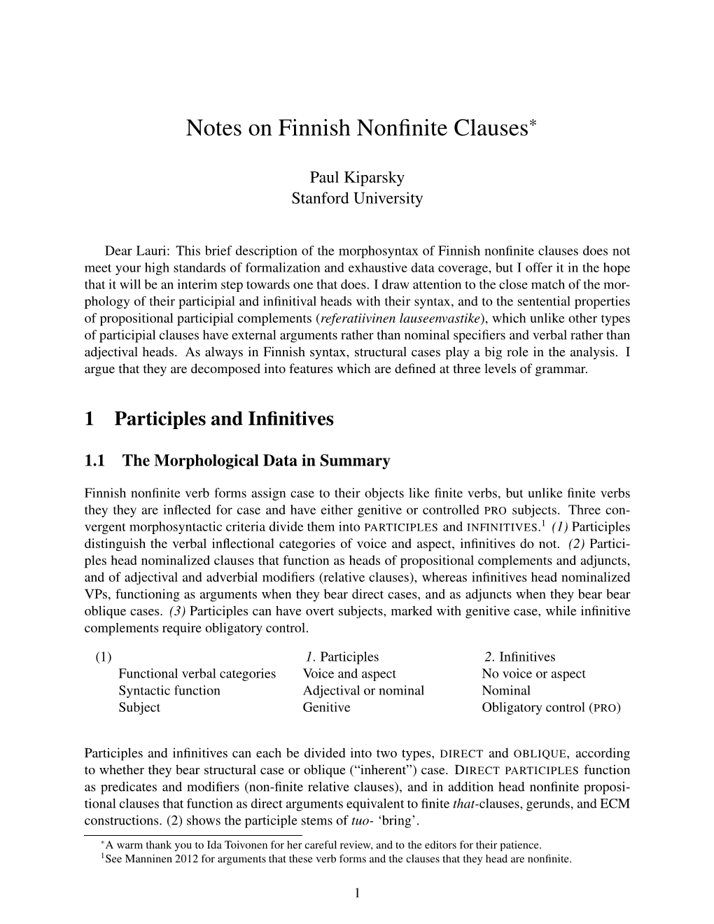 Notes on Finnish Nonfinite Clauses*