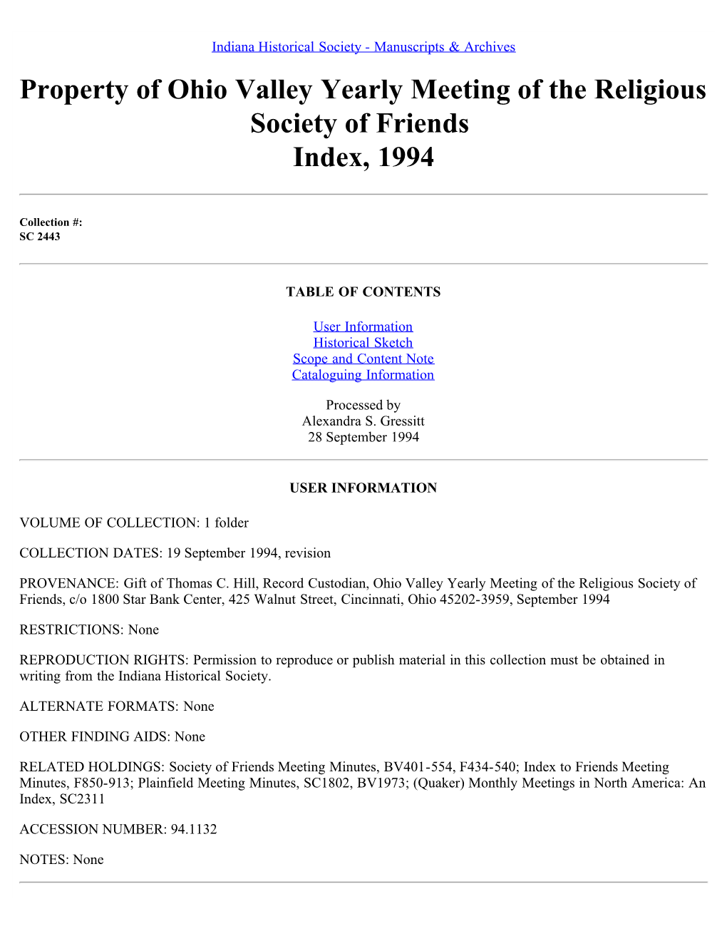 Property of Ohio Valley Yearly Meeting of the Religious Society of Friends Index, 1994