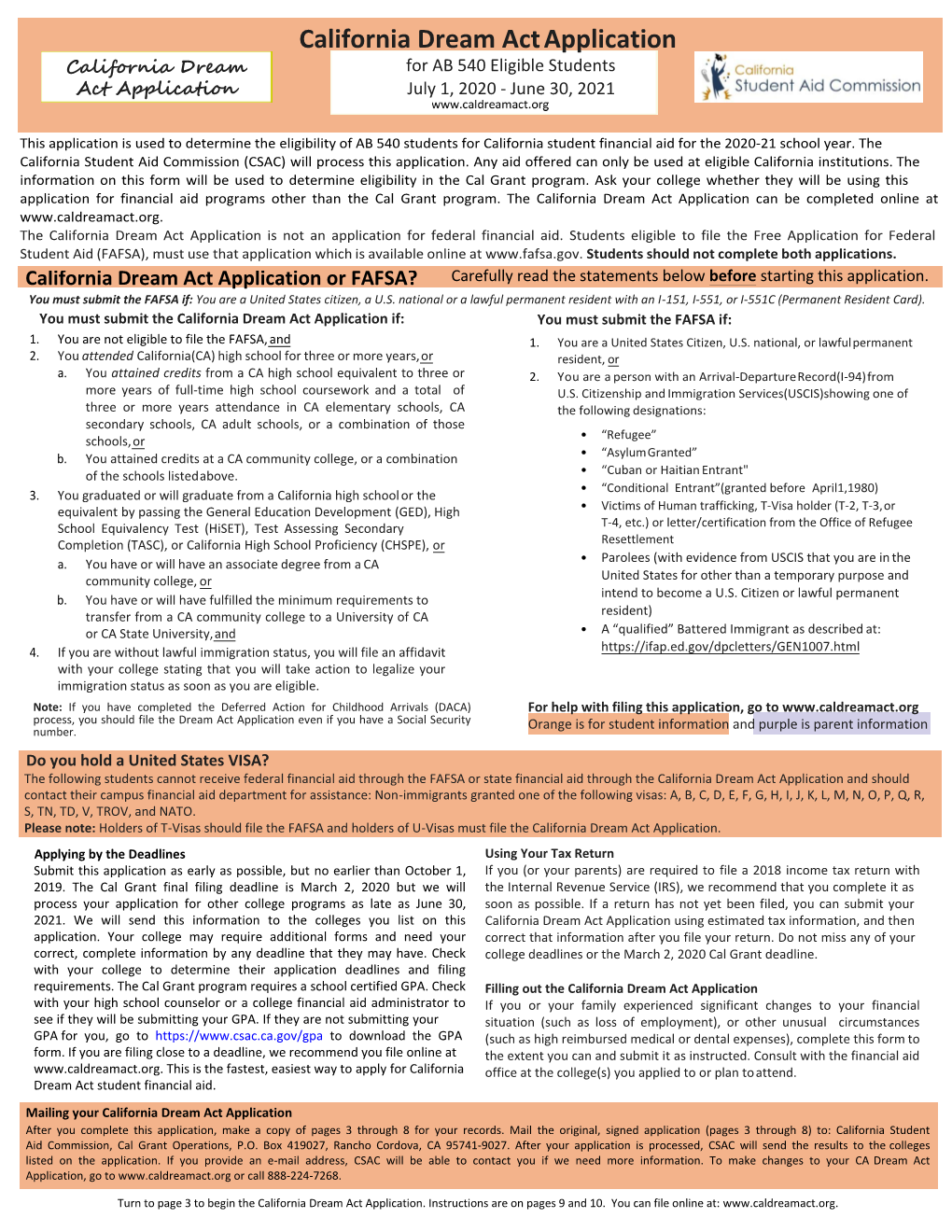 Dream Act Application California Dream for AB 540 Eligible Students Act Application July 1, 2020 - June 30, 2021