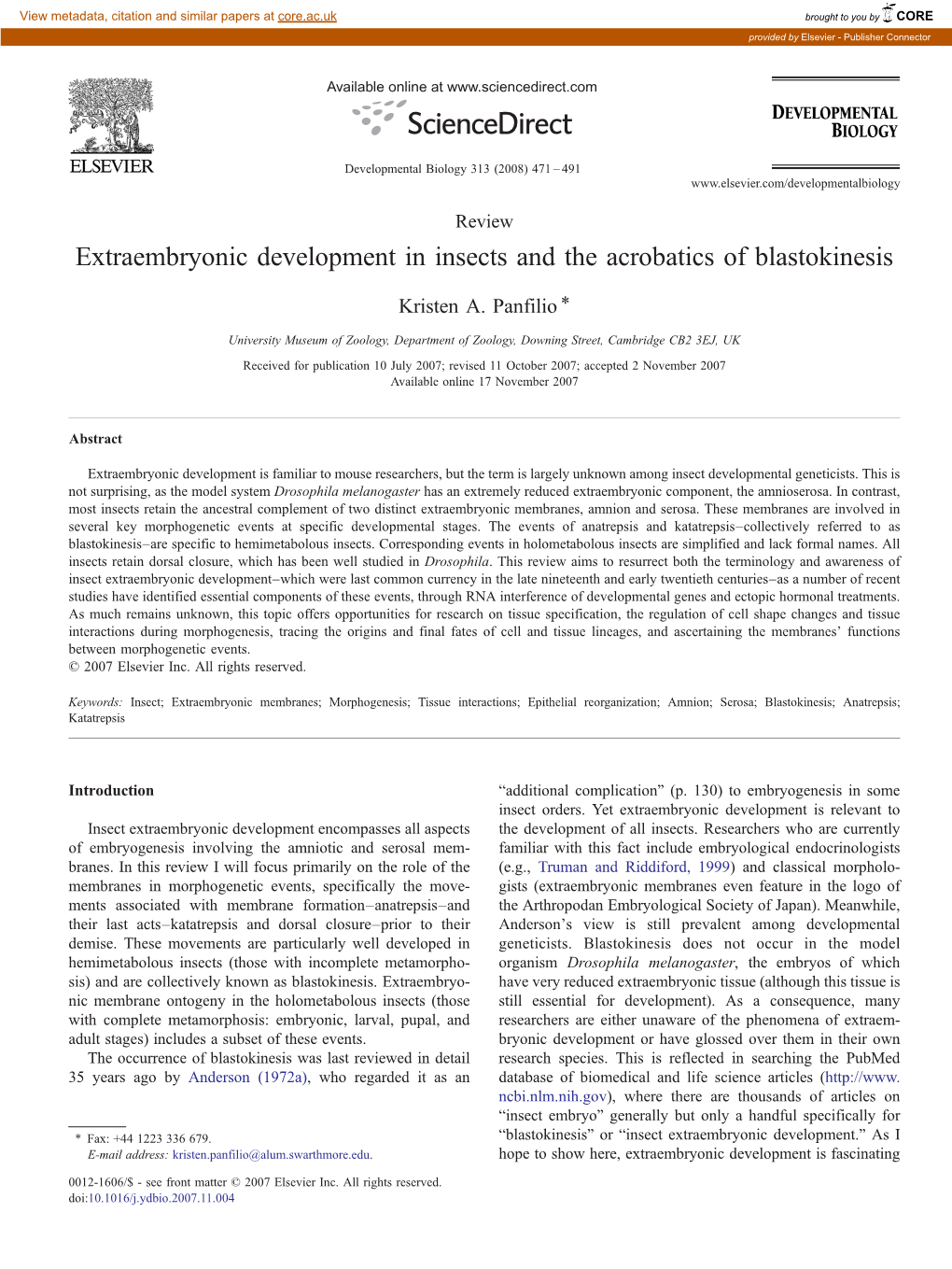 Extraembryonic Development in Insects and the Acrobatics of Blastokinesis ⁎ Kristen A