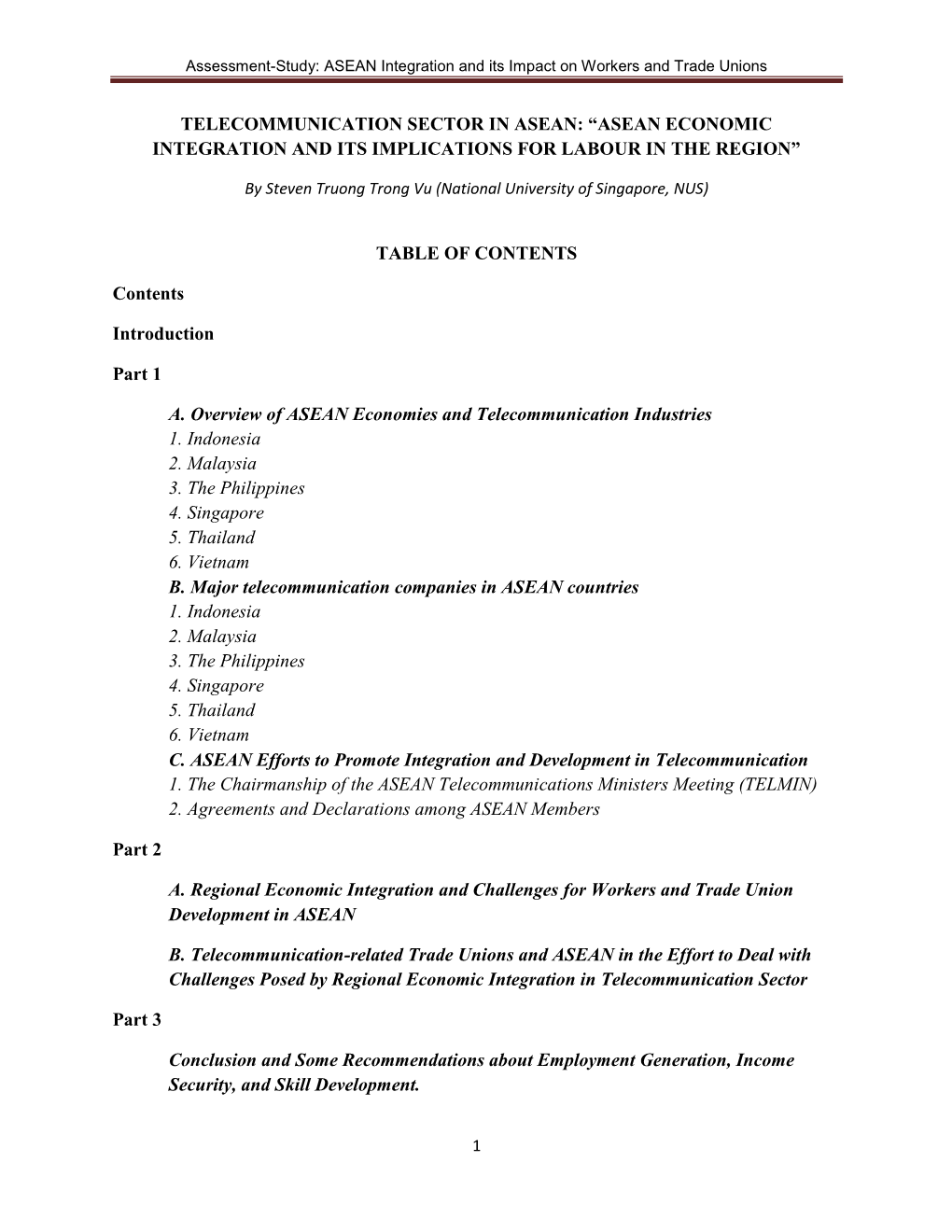 Telecommunication Sector in Asean: “Asean Economic Integration and Its Implications for Labour in the Region”