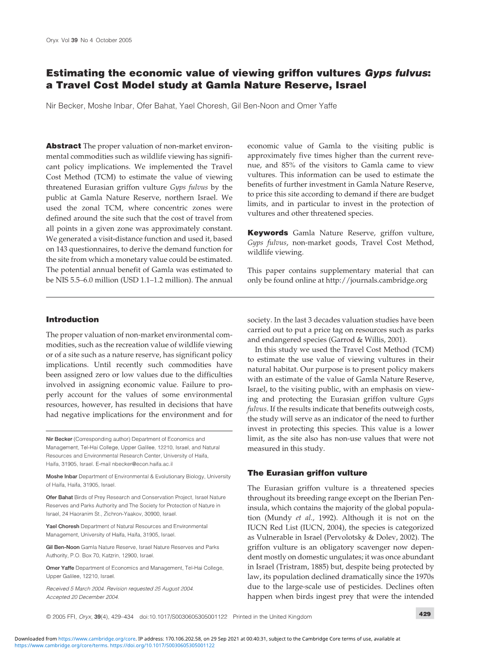 Estimating the Economic Value of Viewing Griffon Vultures Gyps Fulvus: a Travel Cost Model Study at Gamla Nature Reserve, Israel