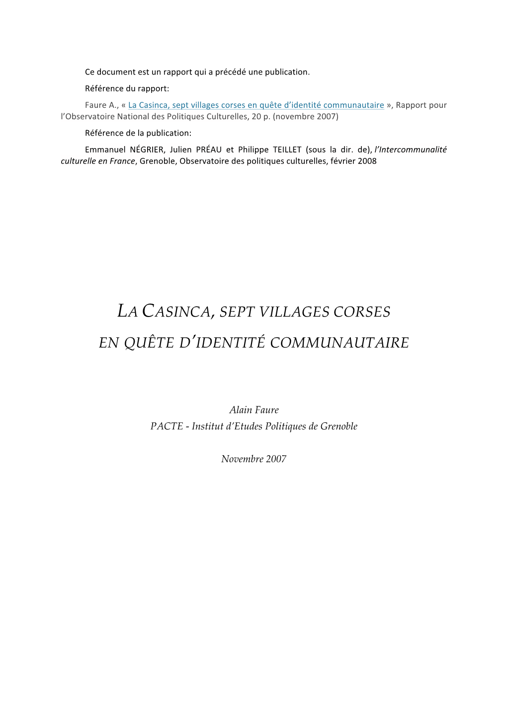 La Casinca, Sept Villages Corses En Quête D’Identité Communautaire », Rapport Pour L’Observatoire National Des Politiques Culturelles, 20 P