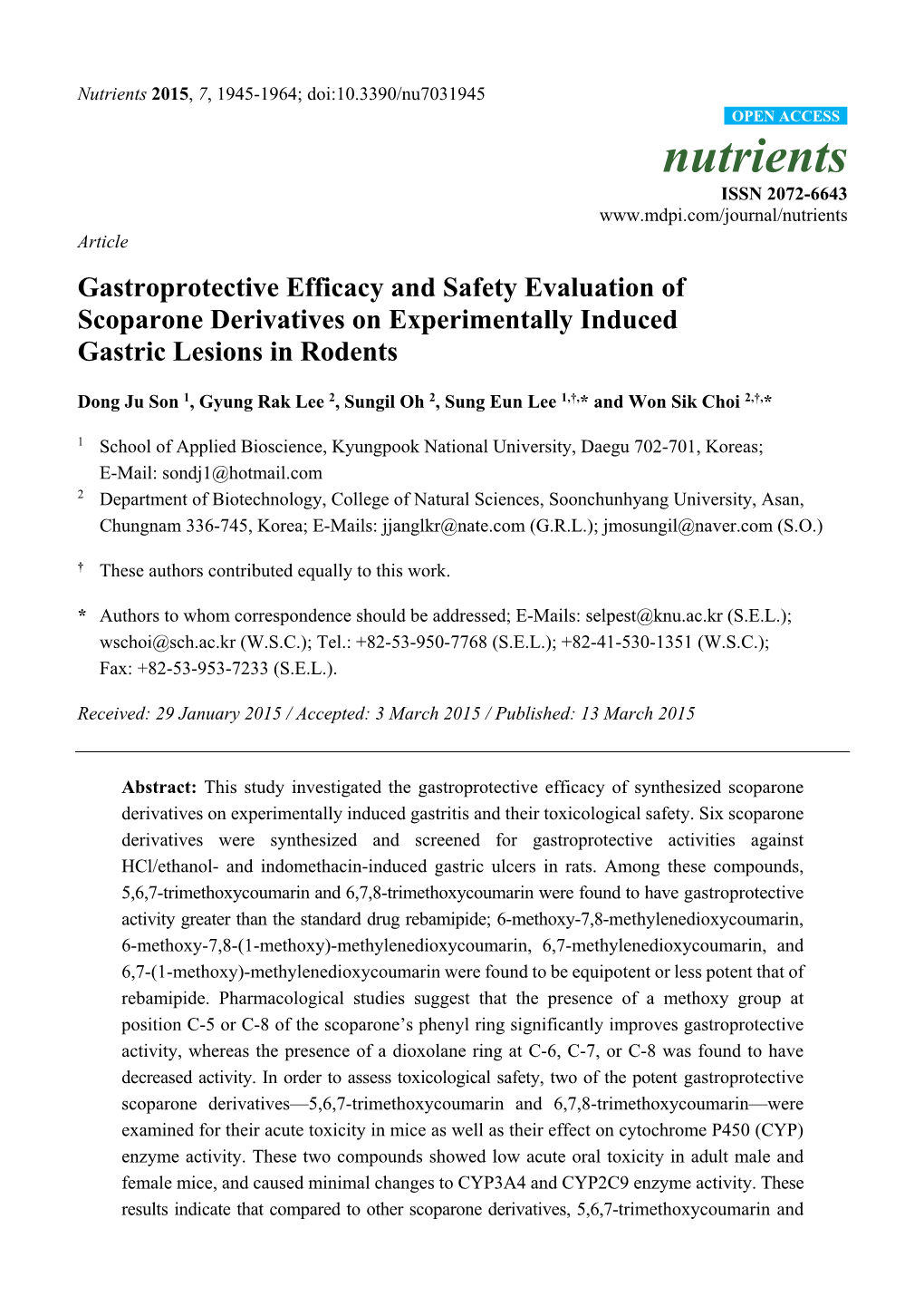 Gastroprotective Efficacy and Safety Evaluation of Scoparone Derivatives on Experimentally Induced Gastric Lesions in Rodents