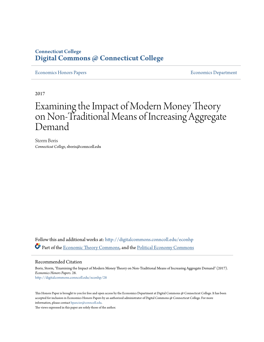 Examining the Impact of Modern Money Theory on Non-Traditional Means of Increasing Aggregate Demand Storm Boris Connecticut College, Sboris@Conncoll.Edu