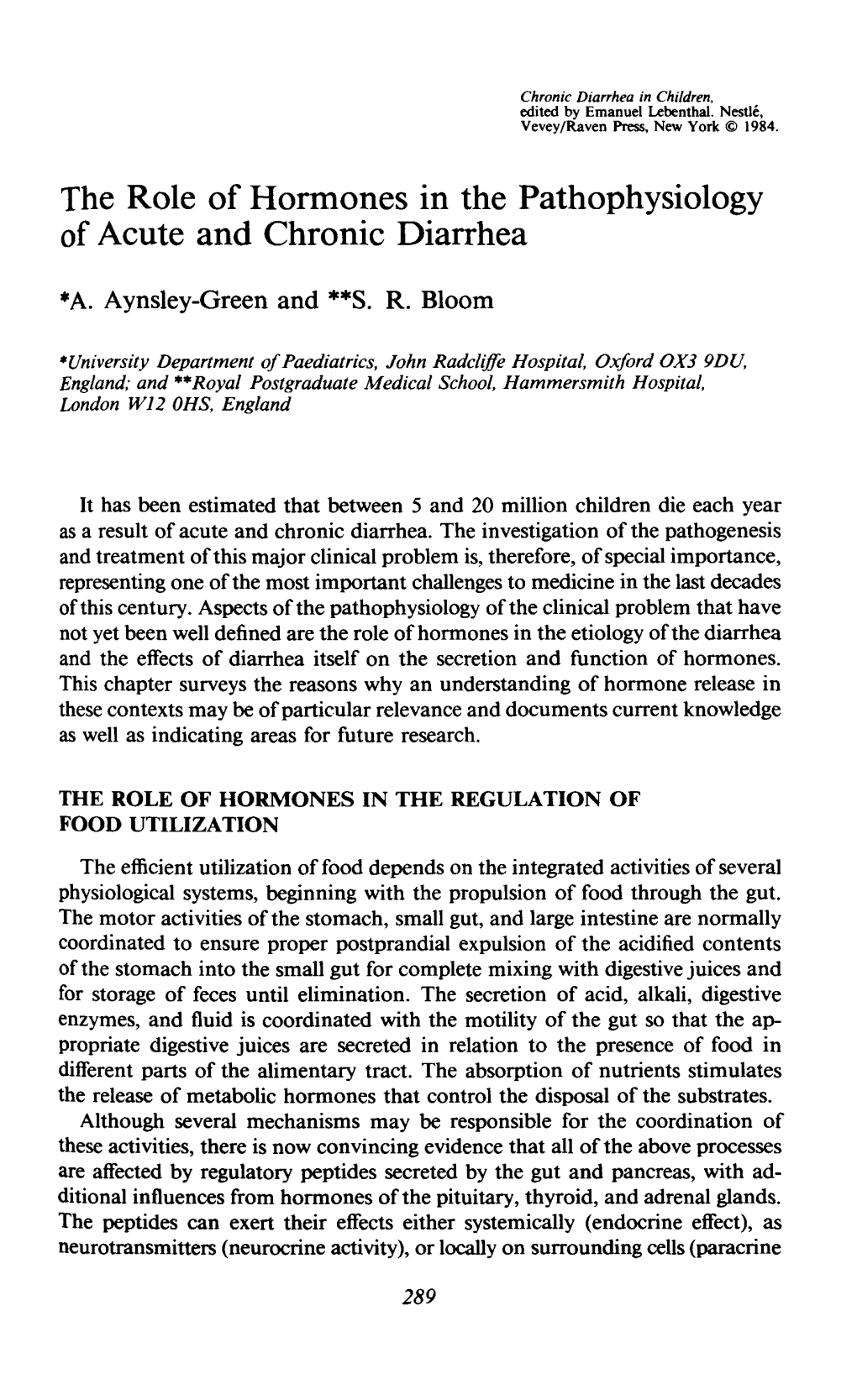 The Role of Hormones in the Pathophysiology of Acute and Chronic Diarrhea