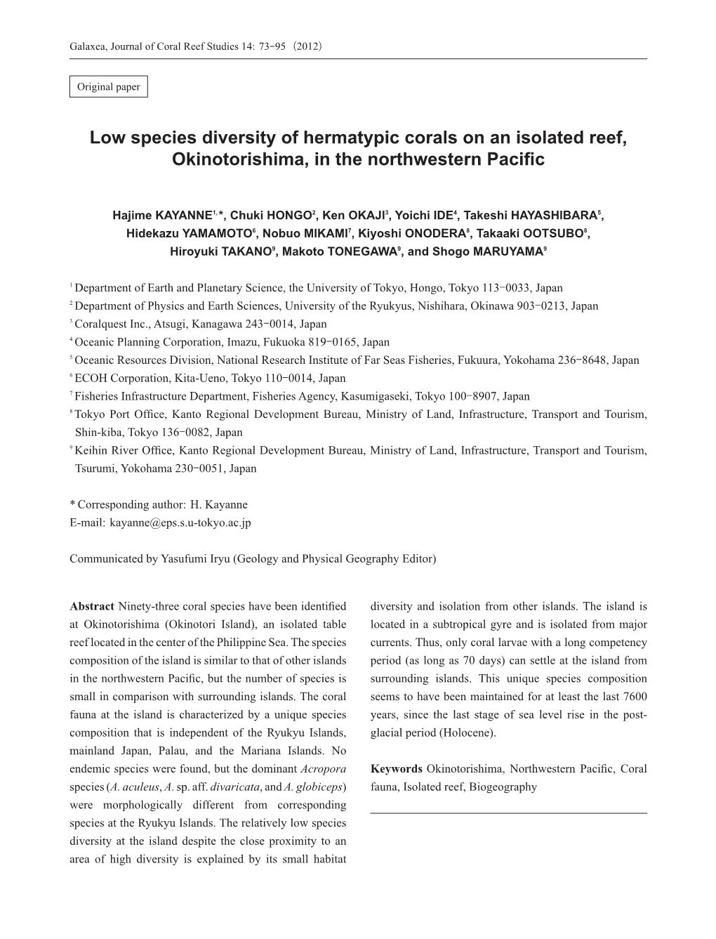 Low Species Diversity of Hermatypic Corals on an Isolated Reef, Okinotorishima, in the Northwestern Paciﬁ C