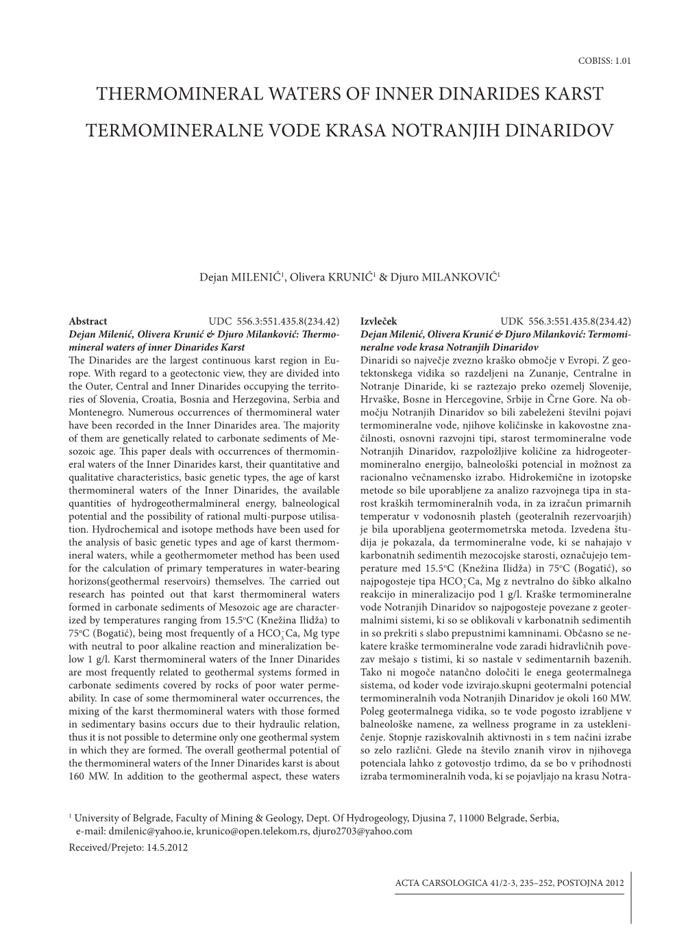 THERMOMINERAL WATERS of INNER DINARIDES KARST Termomineralne Vode Krasa Notranjih Dinaridov