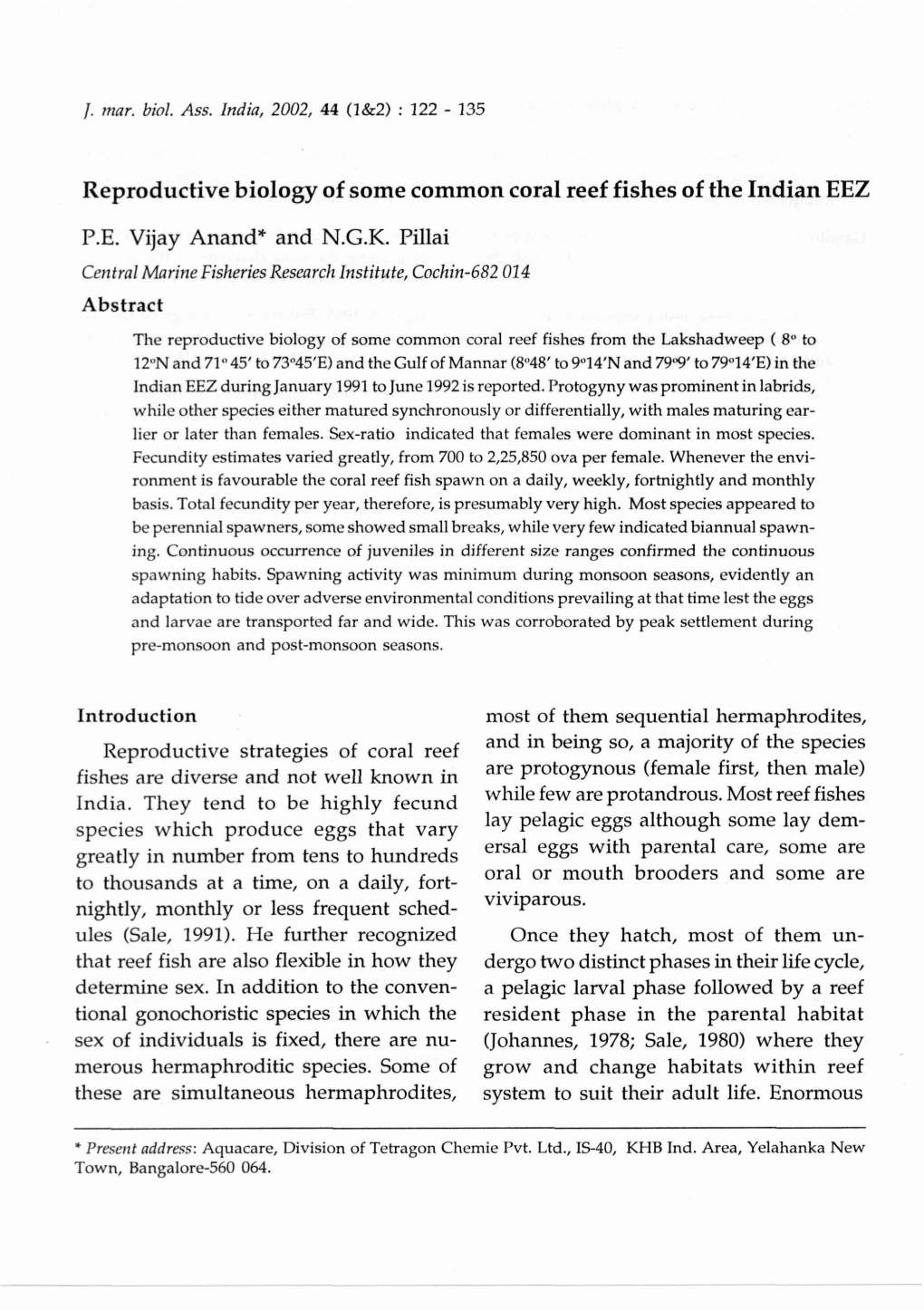 Reproductive Biology of Some Common Coral Reef Fishes of the Indian EEZ