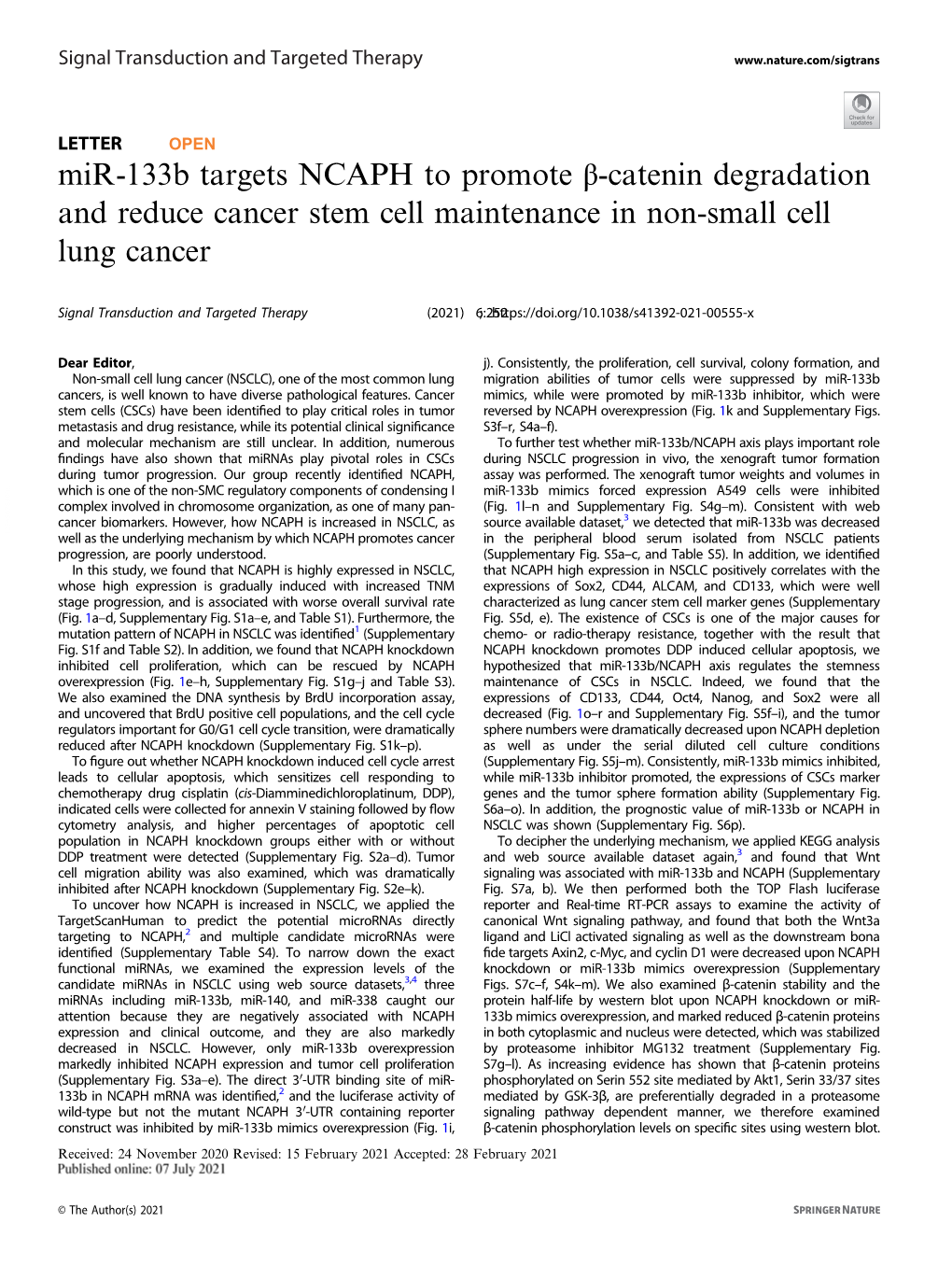 Mir-133B Targets NCAPH to Promote Β-Catenin Degradation and Reduce Cancer Stem Cell Maintenance in Non-Small Cell Lung Cancer