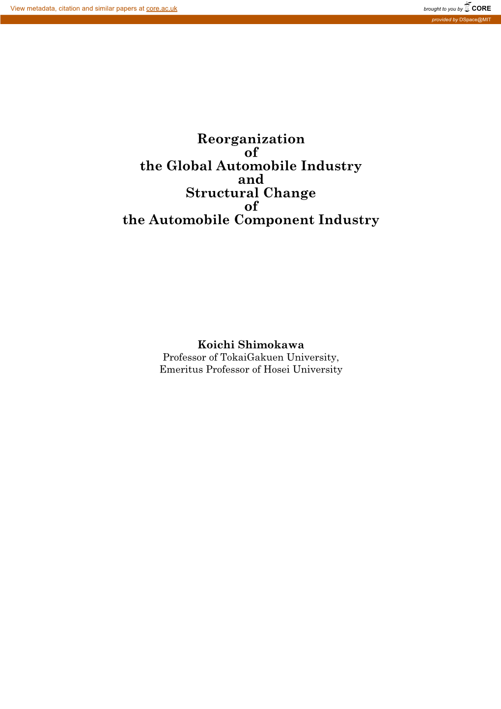 Reorganization of the Global Automobile Industry and Structural Change of the Automobile Component Industry