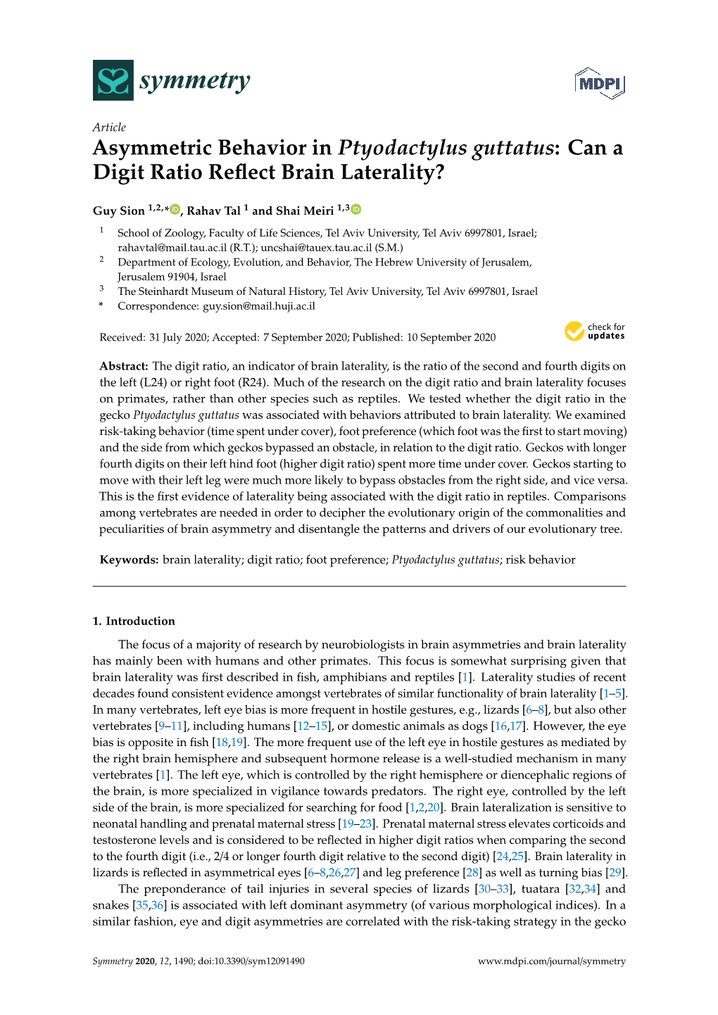 Asymmetric Behavior in Ptyodactylus Guttatus: Can a Digit Ratio Reﬂect Brain Laterality?