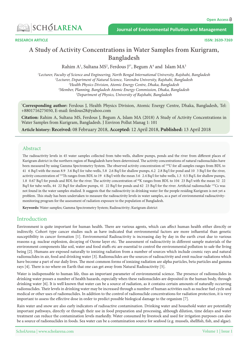 A Study of Activity Concentrations in Water Samples from Kurigram