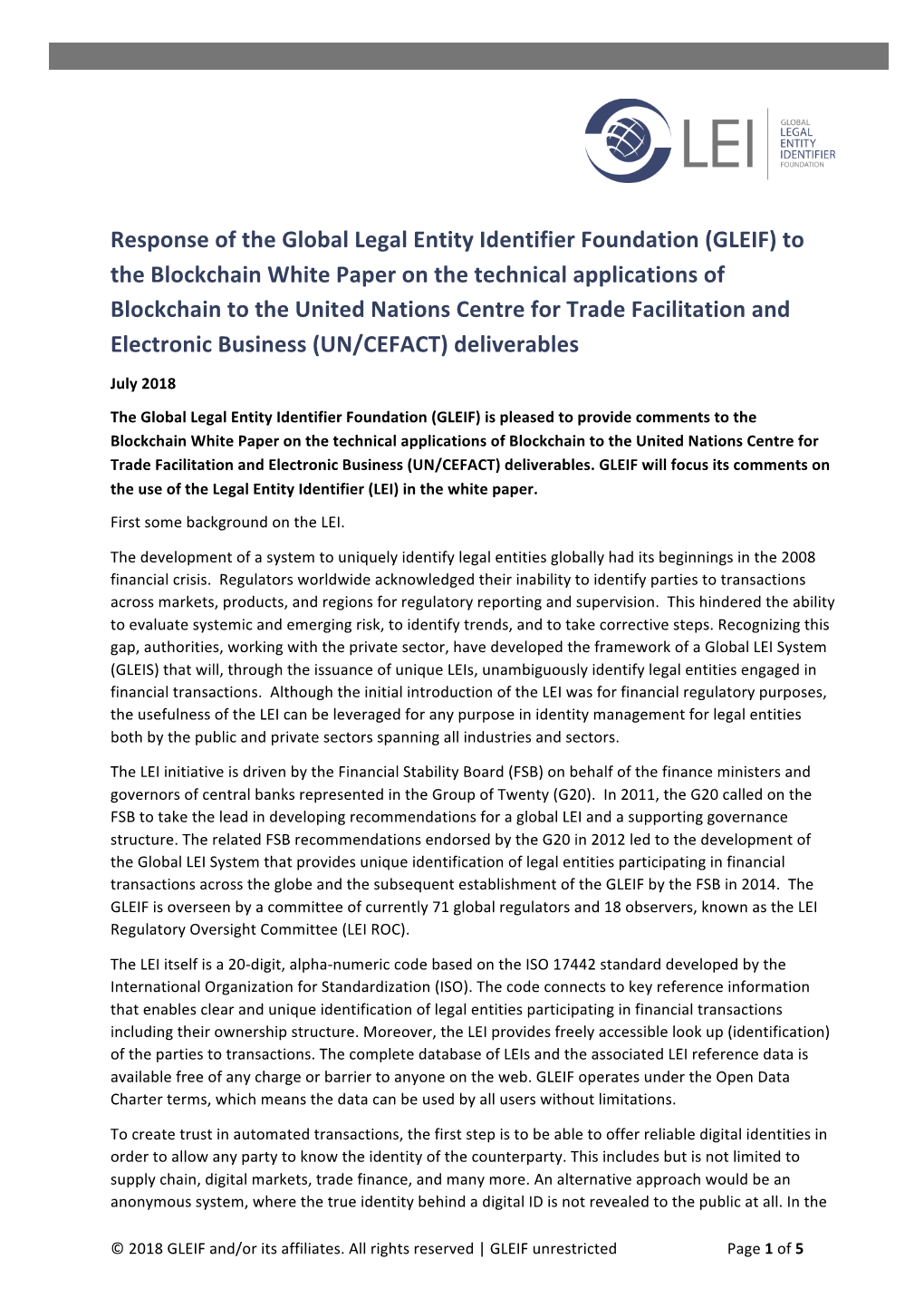 Response of the Global Legal Entity Identifier Foundation (GLEIF) to The