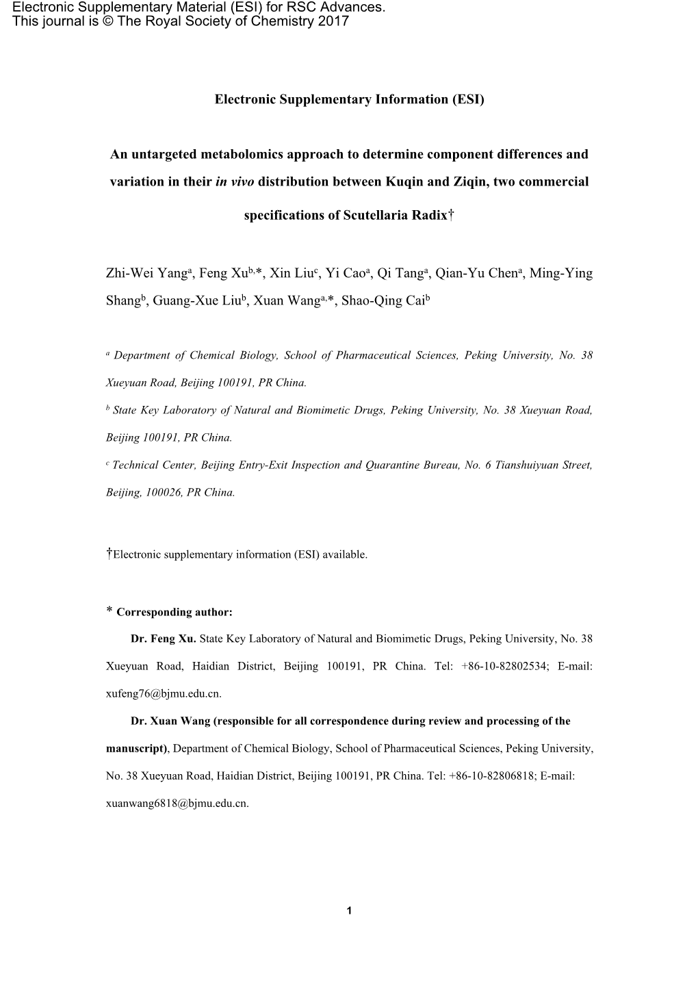 (ESI) an Untargeted Metabolomics Approach to Determine Component