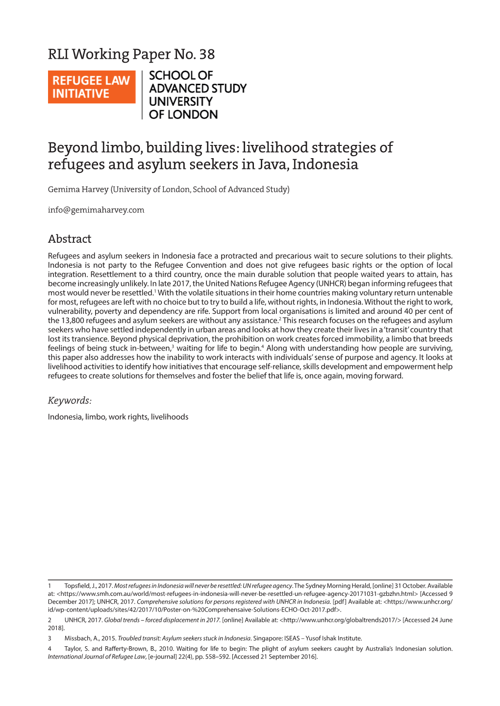 RLI Working Paper No. 38 Beyond Limbo, Building Lives: Livelihood Strategies of Refugees and Asylum Seekers in Java, Indonesia