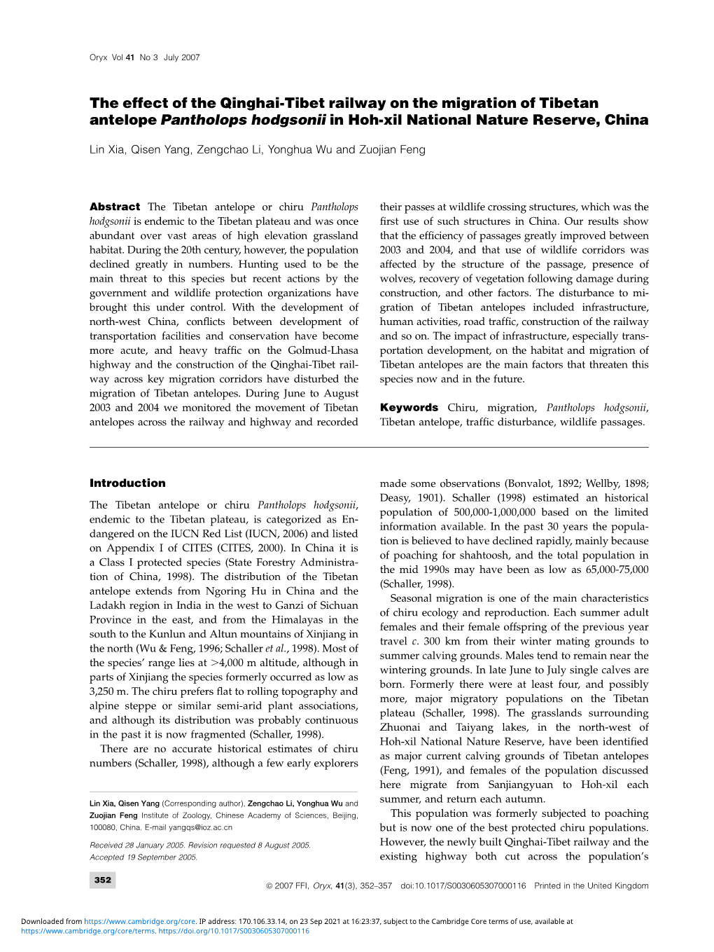 The Effect of the Qinghai-Tibet Railway on the Migration of Tibetan Antelope Pantholops Hodgsonii in Hoh-Xil National Nature Reserve, China