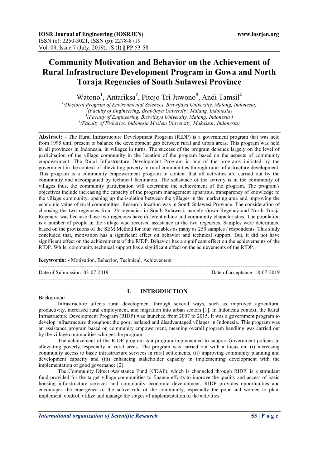 Community Motivation and Behavior on the Achievement of Rural Infrastructure Development Program in Gowa and North Toraja Regencies of South Sulawesi Province