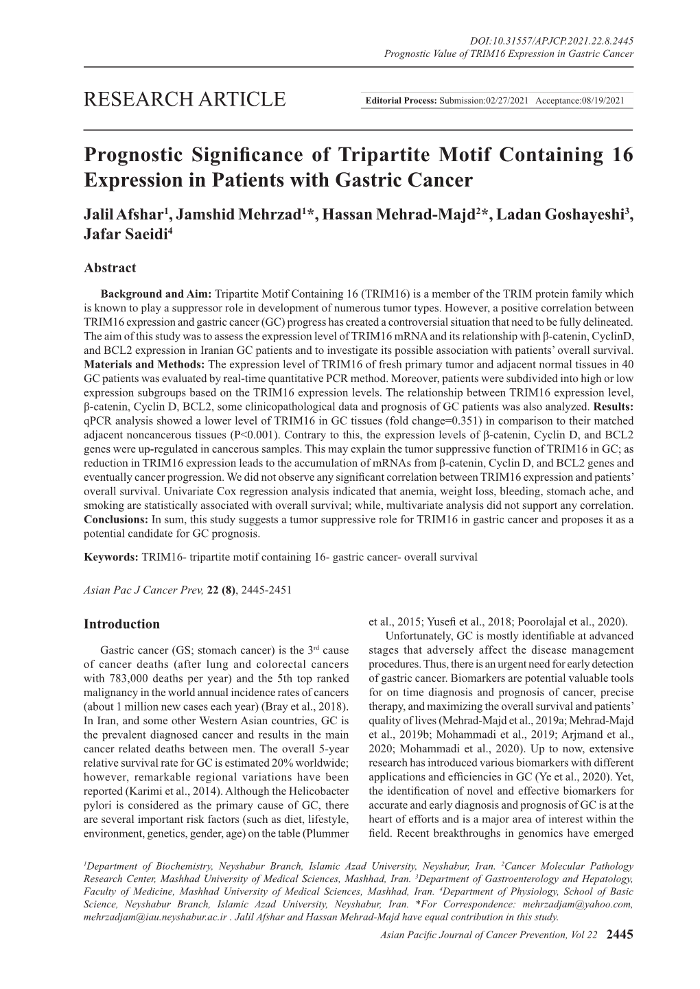 RESEARCH ARTICLE Prognostic Significance of Tripartite Motif